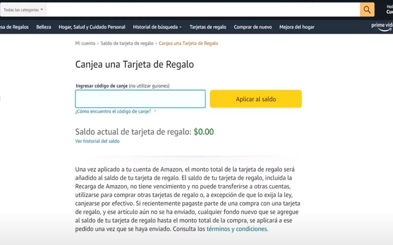 Canjear tarjetas de regalo Amazon Prime